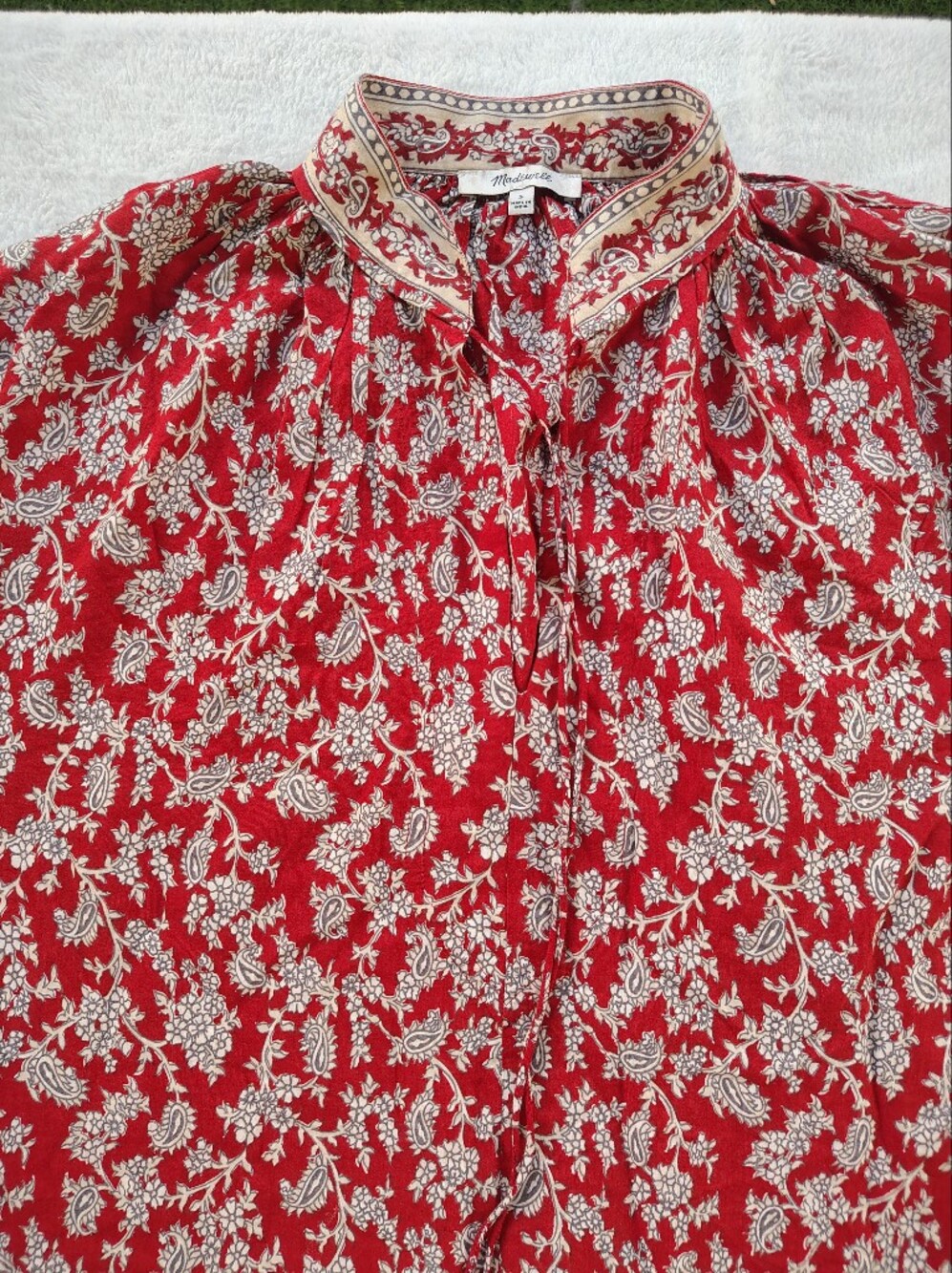 Madewell Red Paisley Band-Collar Tunic with Cream Accents